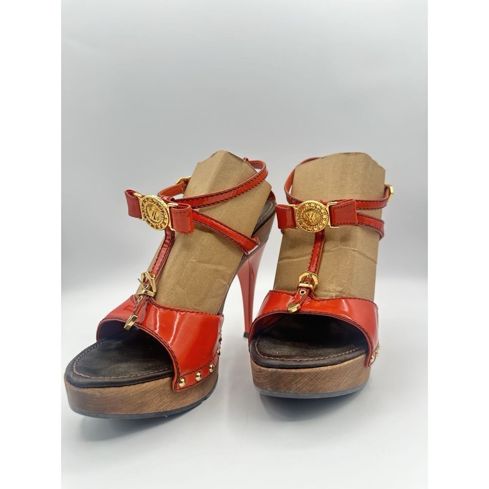 Louis Vuitton Patent Leather T-Strap Platform Sandals Red Orange Gold LV Heels